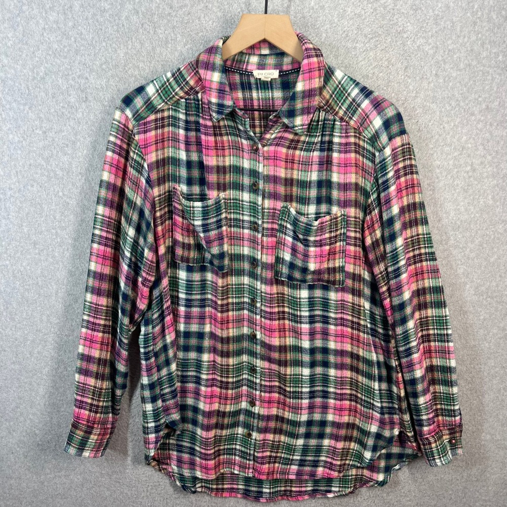 Pilcro Anthropologie Pink Green Plaid Button Down Flannel Shirt Womens S 7386